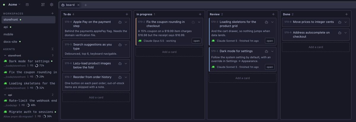 A project's board. Cards in progress and in review show the agent working on them, its model, and an open button.