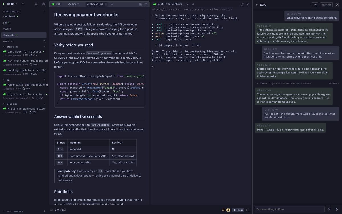 The Kuru drawer: spoken and typed prompts, Kuru's replies about the agents across projects, and a notice that one agent is blocked.