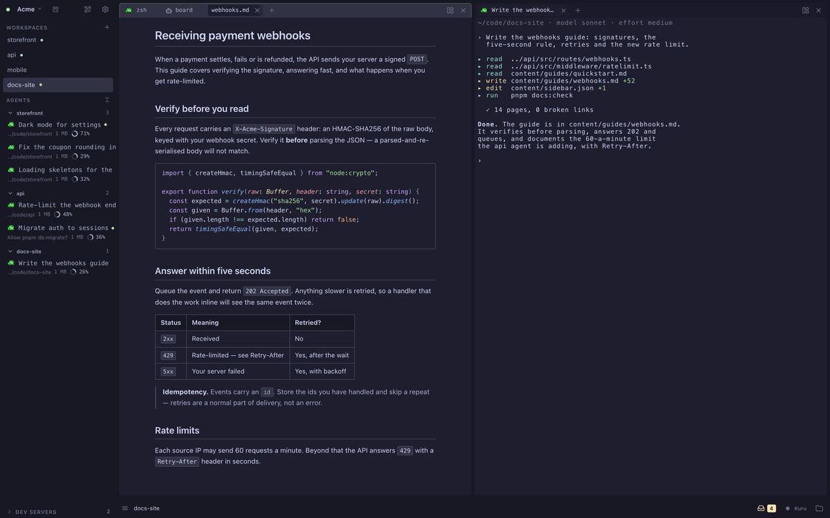 A markdown guide rendered in a pane, with a highlighted code block and a table, beside the agent that wrote it.